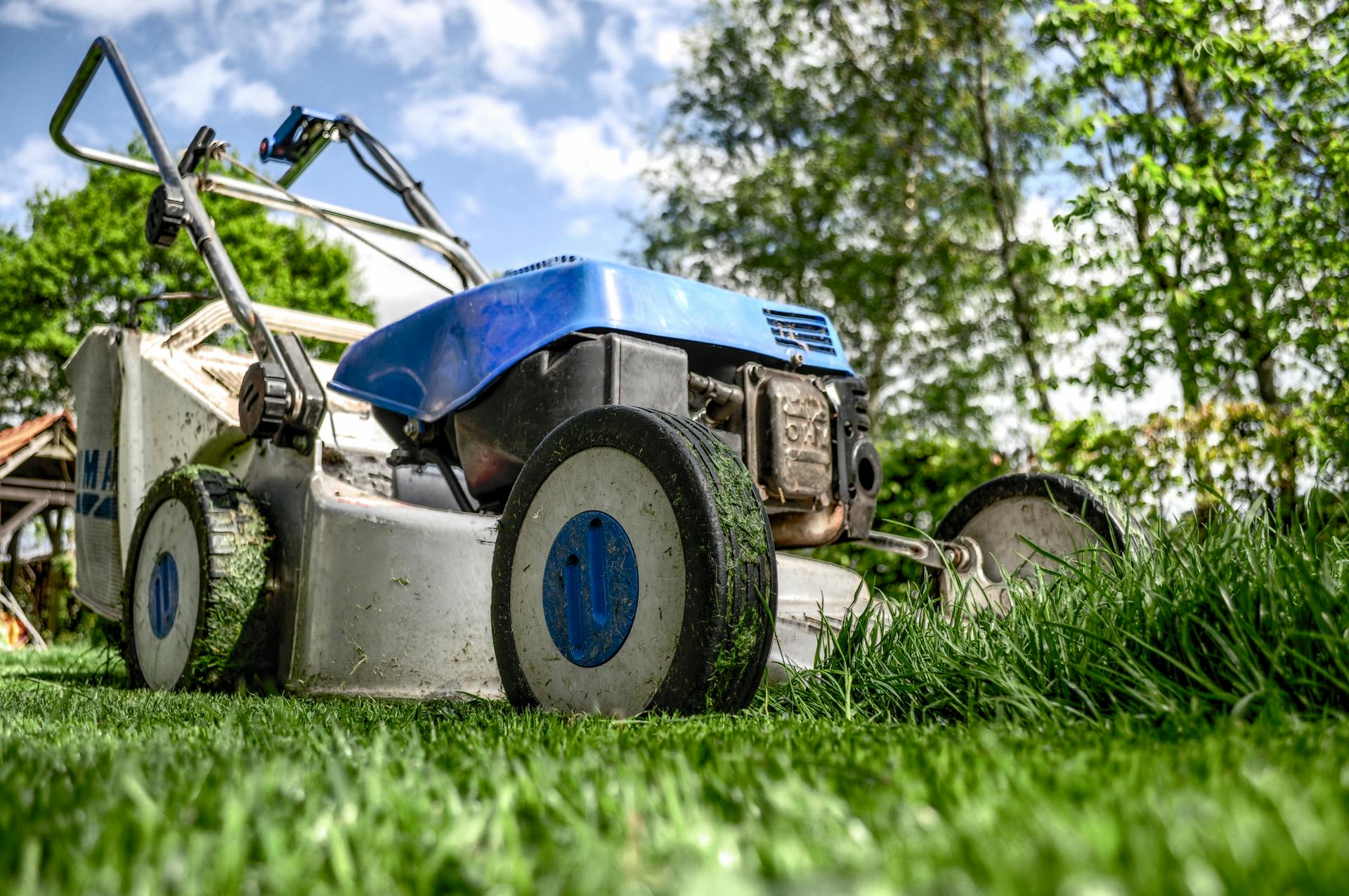 Lawnmower on a freshly cut green lawn